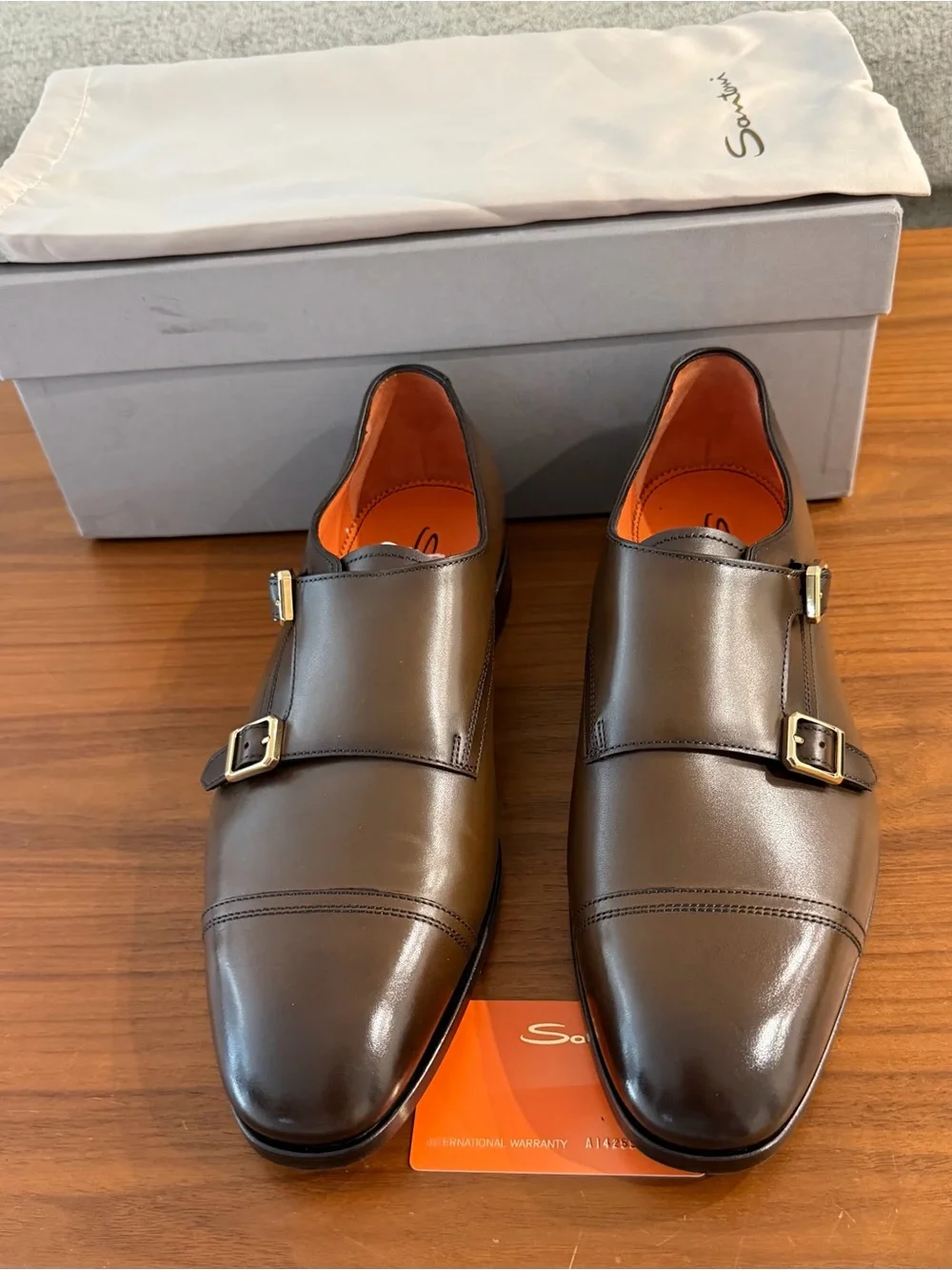 Santoni Brown Leather Double Monk Strap Shoes with Gold Buckles